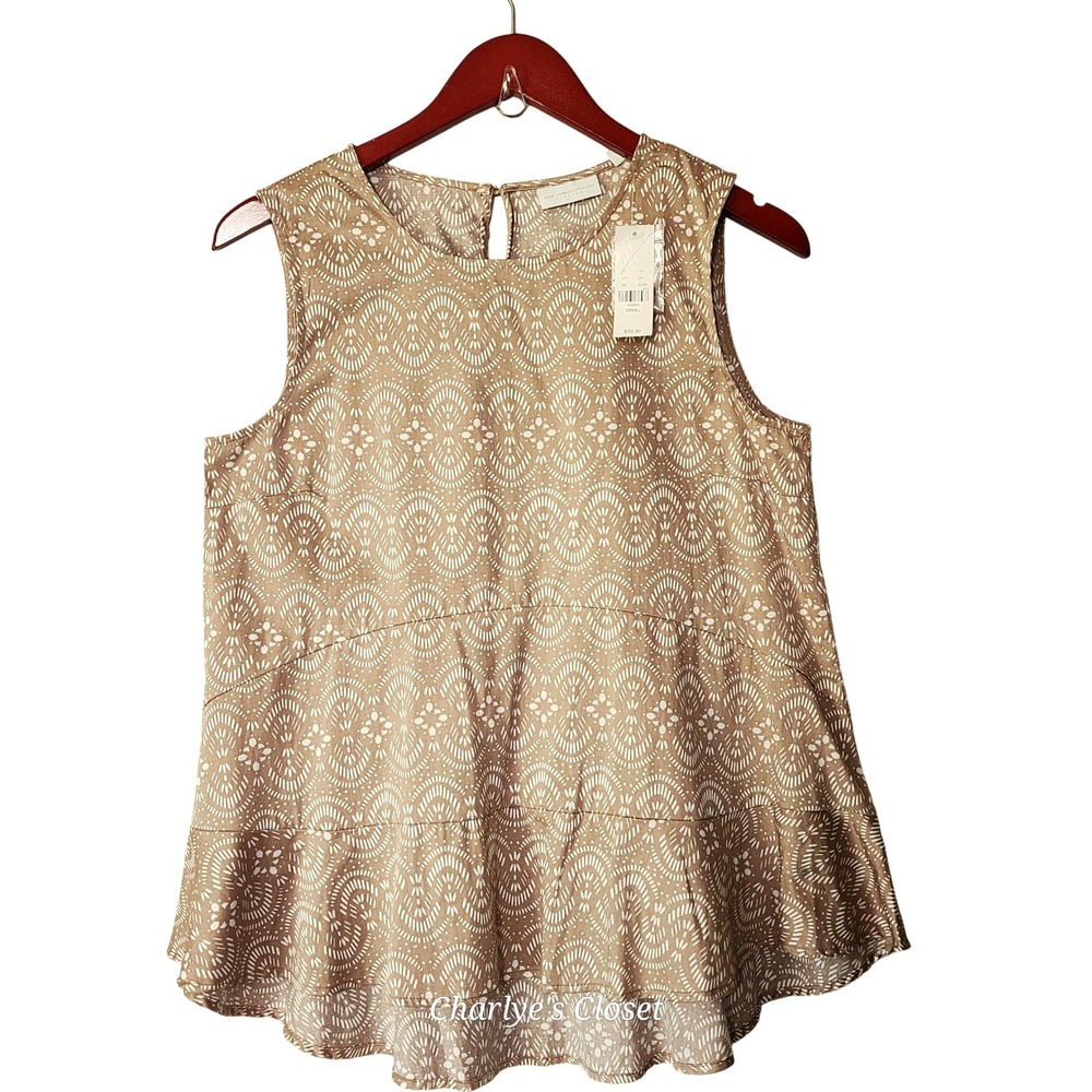 Geo Print Cotton Peplum Blouse S NWT Tan White Sleeveless Minimalist Office